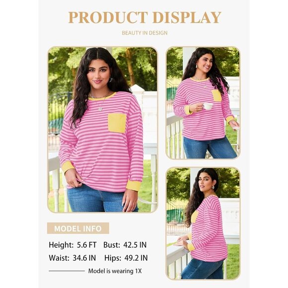 Plus Size Cozy Crewneck Long Sleeve Striped T-Shirt with Pocket for Women - Picture 3 of 5